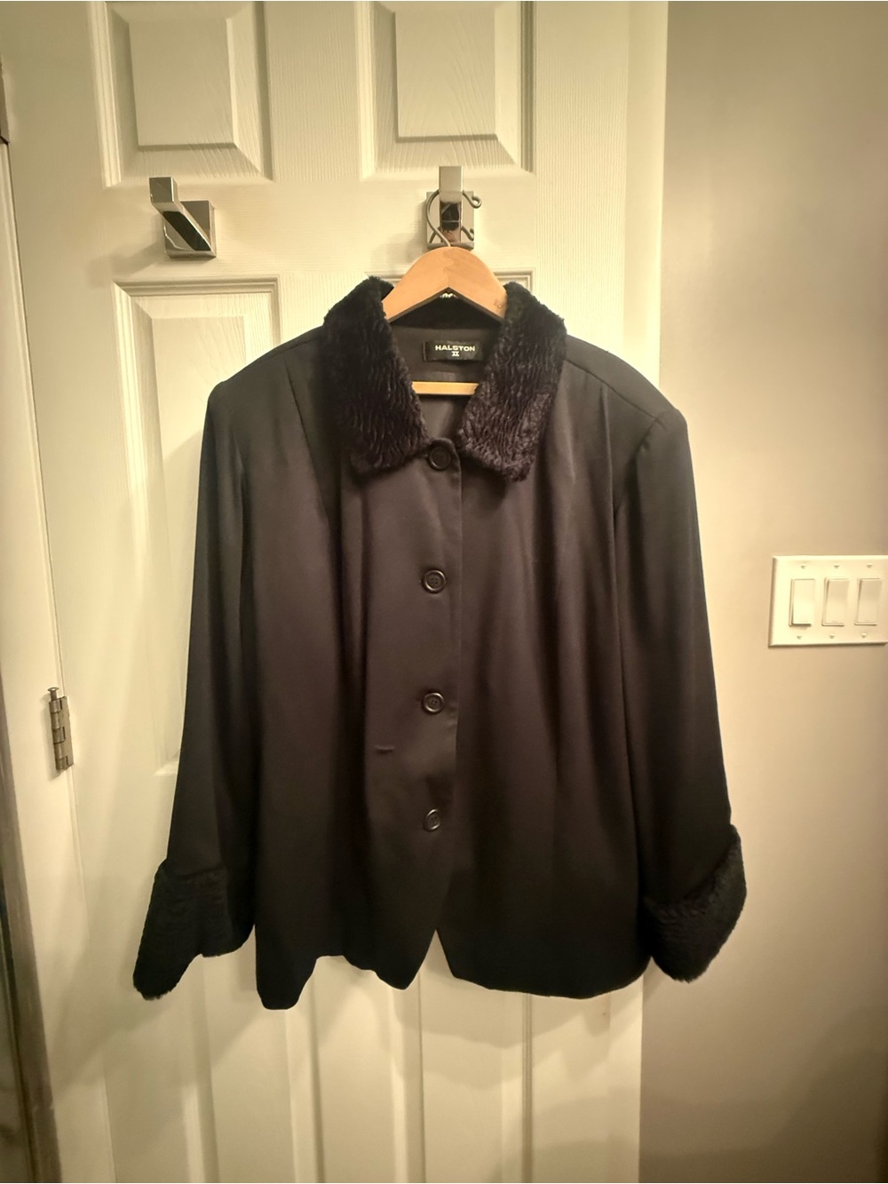 Halston II Heritage Black Faux-Fur Collar jacket wi/ Fur Cuff Sleeves & Skirt